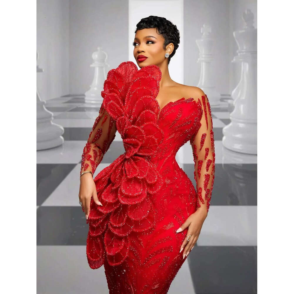 2026 Aso Ebi Red Prom Dress Mermaid Evening Dresses Formal Gowns For Black Women Sheer Neck Illusion Beaded Lace Crystals Flora Birthday Second Recept