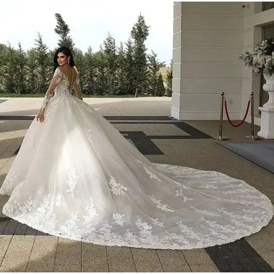 Luxury Illusion Neck Church Wedding Dresses Long Sleeve Robe Lace Beading Brides Dress Ball Gown Women Vestidos de Novia Customized EG912