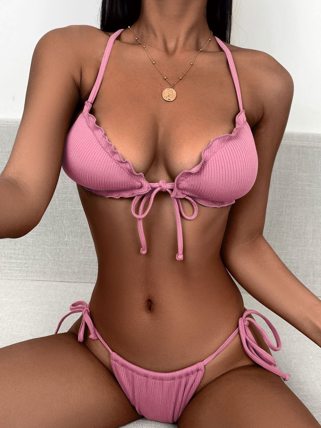 2025 Ribbed Pleated Tie Backless Sexy Bikini Swimsuit TwoPiece Swimwear 260516