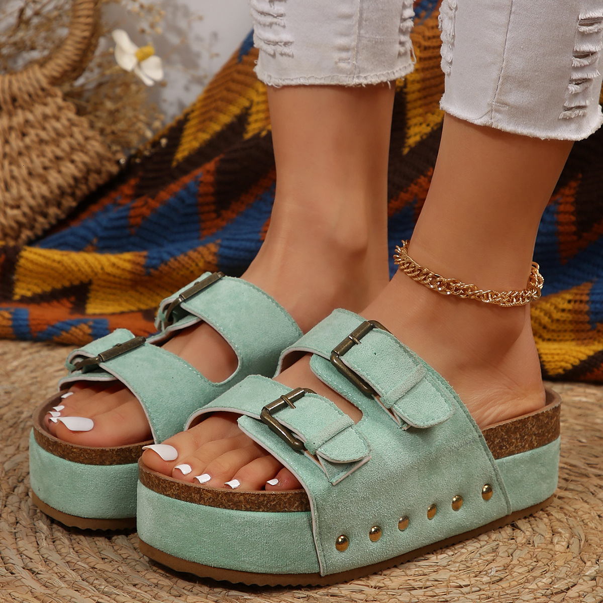 Womens Black Suede Platform Slide Sandals Double Buckle Design For Summer Daily Wear And Fashion Gifts Casual Outings - view 4
