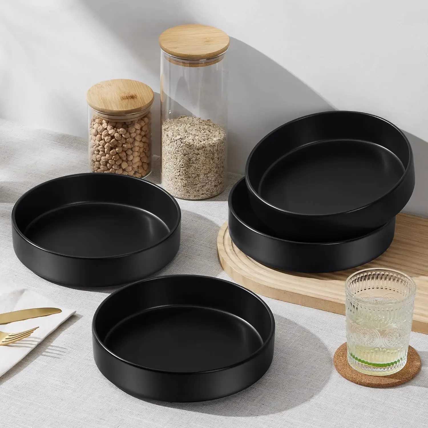 Pasta Bowls Set of 4 35oz Ceramic Serving Plates for Dinner Soup Salad Microwave Dishwasher Safe Matte Black Z260518