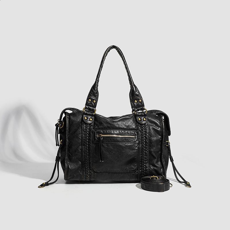 SC Retro Casual Cool Unisex Soft Brush off Washed PU Vegan Leather Handbag Braid Decor Crossbody Large Tote Laptop Shoulder Bag 260303