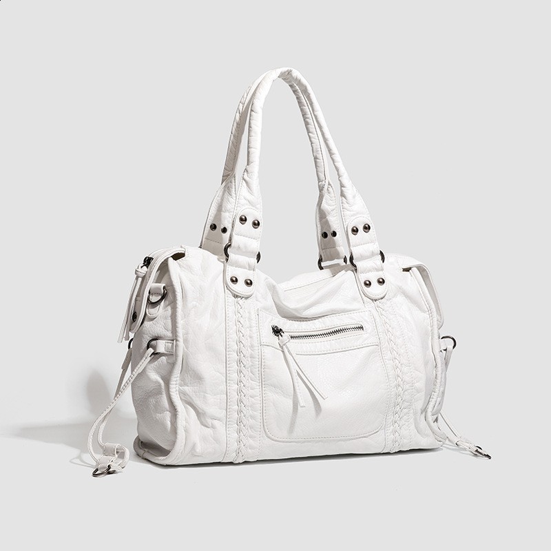 SC Retro Casual Cool Unisex Soft Brush off Washed PU Vegan Leather Handbag Braid Decor Crossbody Large Tote Laptop Shoulder Bag 260303