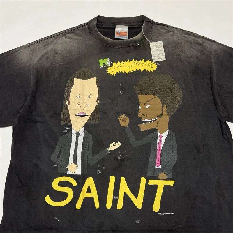 SAINT Mxxxxxx T-Shirts Men Women 1:1 Best Quality Anime Character Print Black Washed Oversized Short Sleeve - view 5
