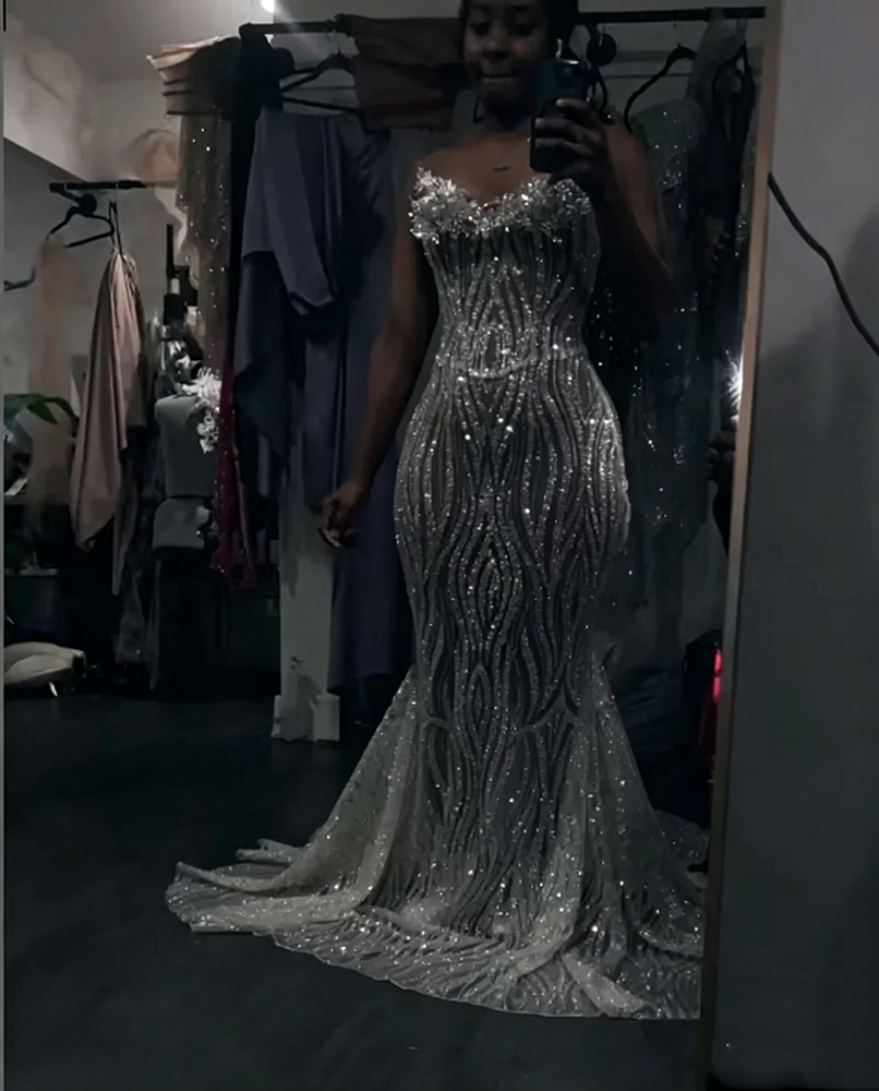 Sparkly Sequin Prom Dresses Black Girl Luxury 2026 Strapless Rhinestone Mermaid Party Dress Beading Evening Dress