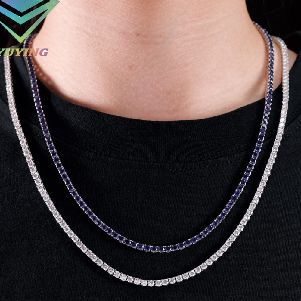 Yu Ying Blue Diamond Tennis Chain Fine Jewelry 3mm Wide S925 Silver Blue Corundum Women/mans Necklace Tennis Link Chain