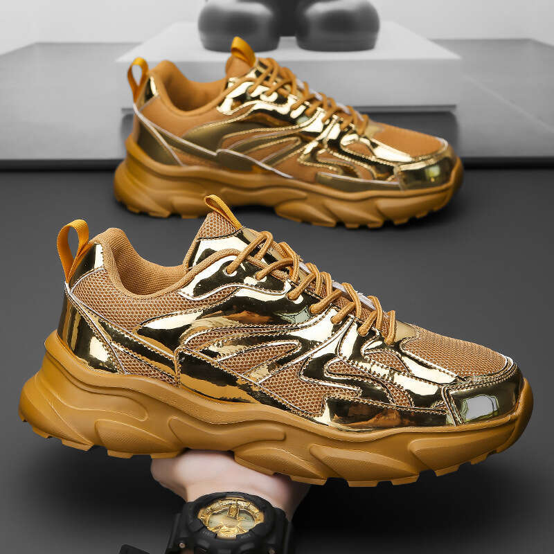 Cross-Border Plus Size Casual Sports New gold Men's Mesh Thick Sole Youth Running Dad Trendy Shoes Wholesale
