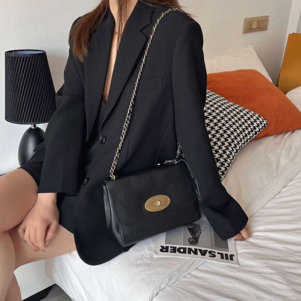Textured for Women New Trendy Mini Chain Women's Crossbody Shoulder Black Genuine Leather Lock Small Square Bag - view 3