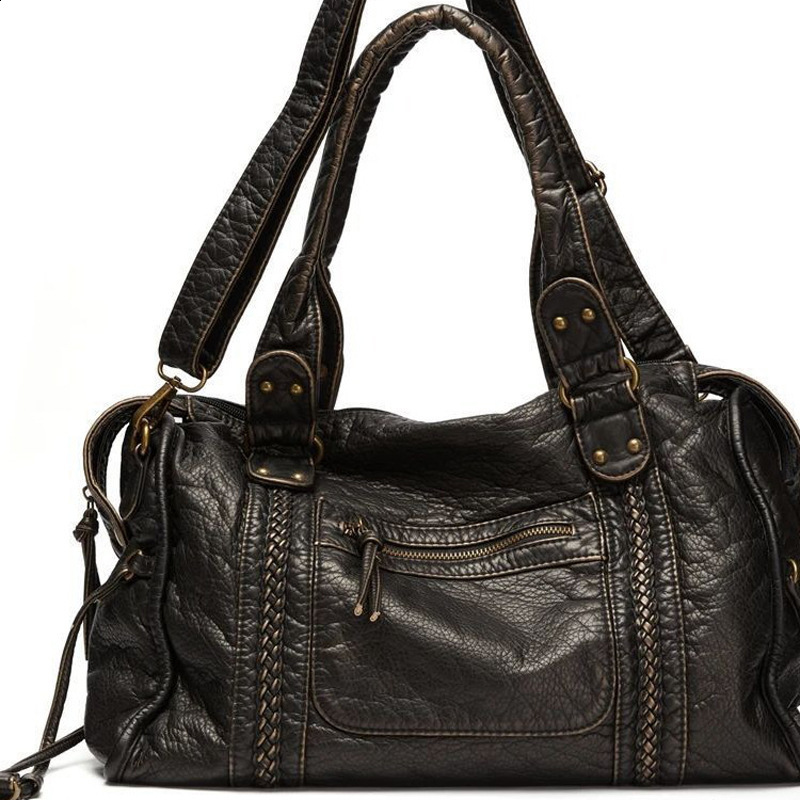 SC Retro Casual Cool Unisex Soft Brush off Washed PU Vegan Leather Handbag Braid Decor Crossbody Large Tote Laptop Shoulder Bag 260303