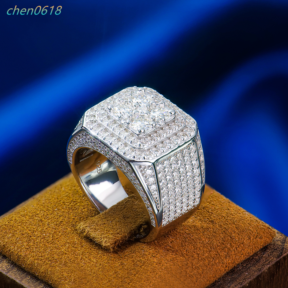 Joyera personalizada al por mayor para hombre banda de marco cuadrado de lujo racimo de Plata de Ley 925 anillo Real Gra Vvs1 Diamond Moissanite Hip H