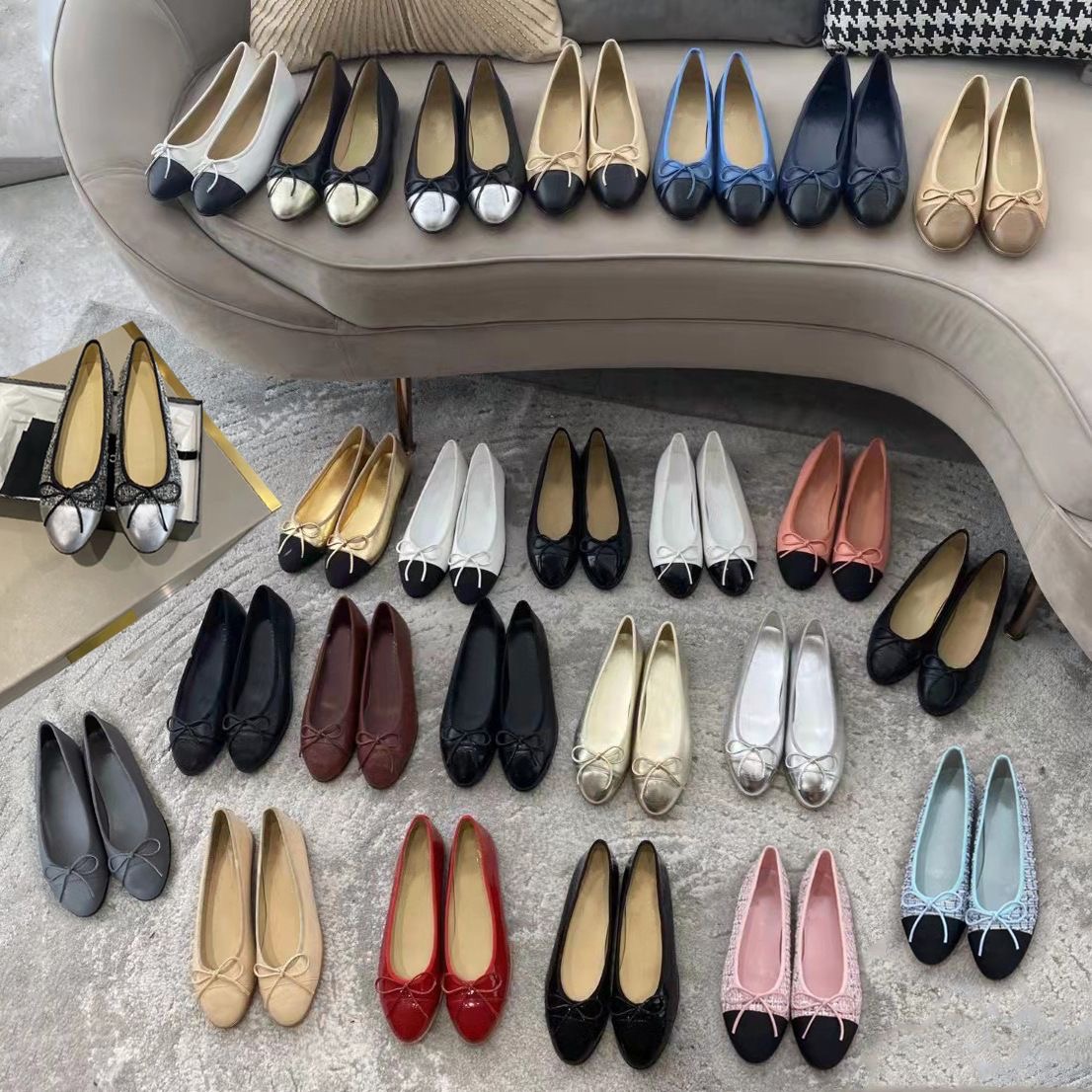 CC 2027 Camellia Luxury Designer Shoes Fashion Butterfly Bow Flat Sole Single Women Genuine Leather Shallow Mouth Round Head Ballet Dance Shoes Plus Size 35-42 Gift