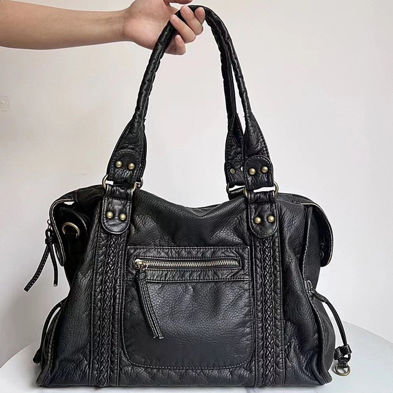 SC Retro Casual Cool Unisex Soft Brush off Washed PU Vegan Leather Handbag Braid Decor Crossbody Large Tote Laptop Shoulder Bag 260303