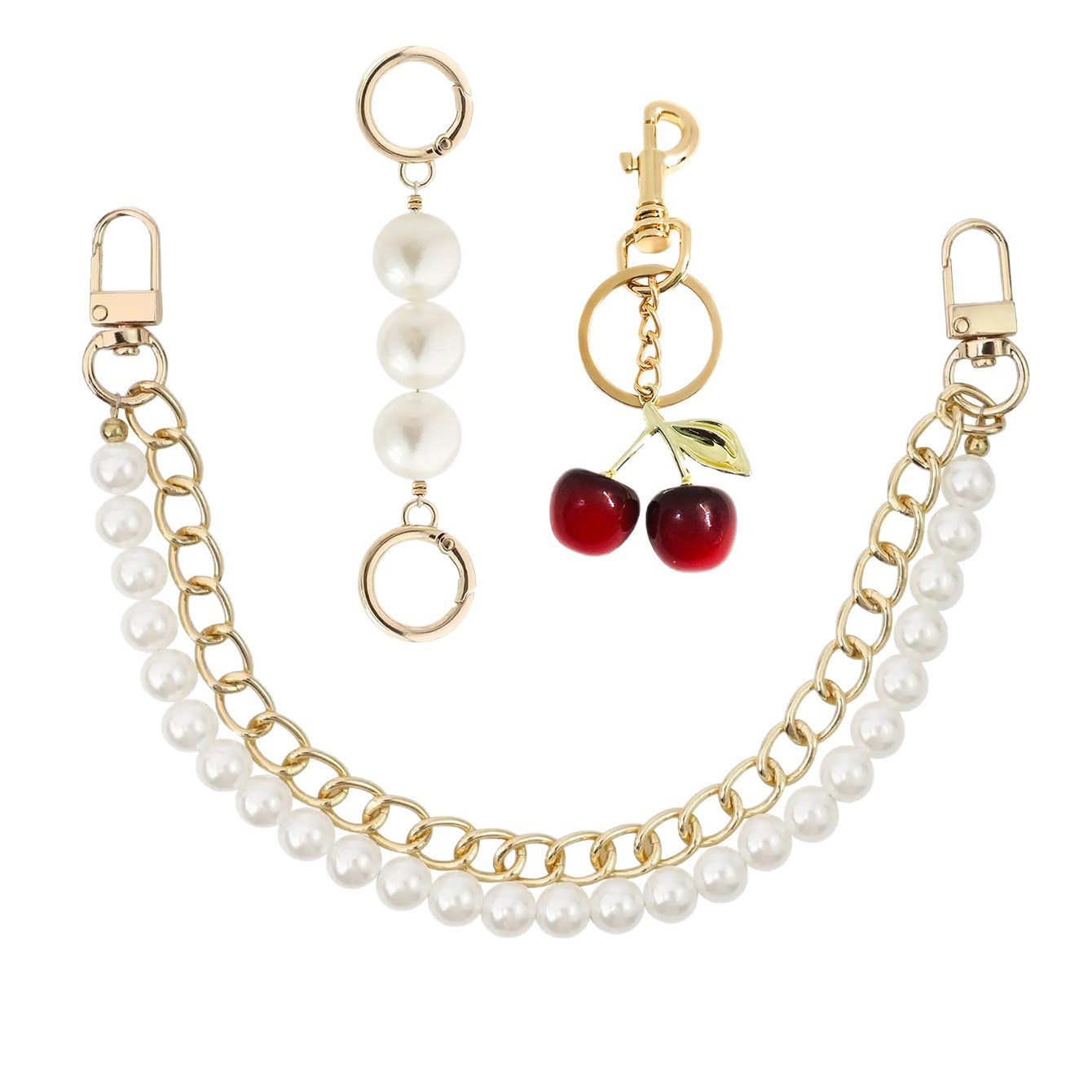 3PCS Pearl Cherry Bag Charms Pearl Cherry Keychains Replacement Extension Chain for Crossbody Bags Handbag Straps Accessories Keychain Visionice