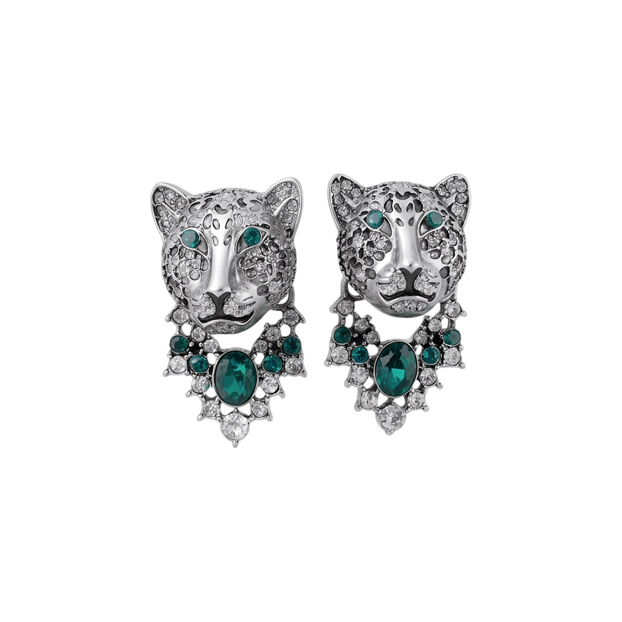Vintage diamond-studded green crystal gemstone leopard head earrings with a high-end retro and stylish vibe - view 9