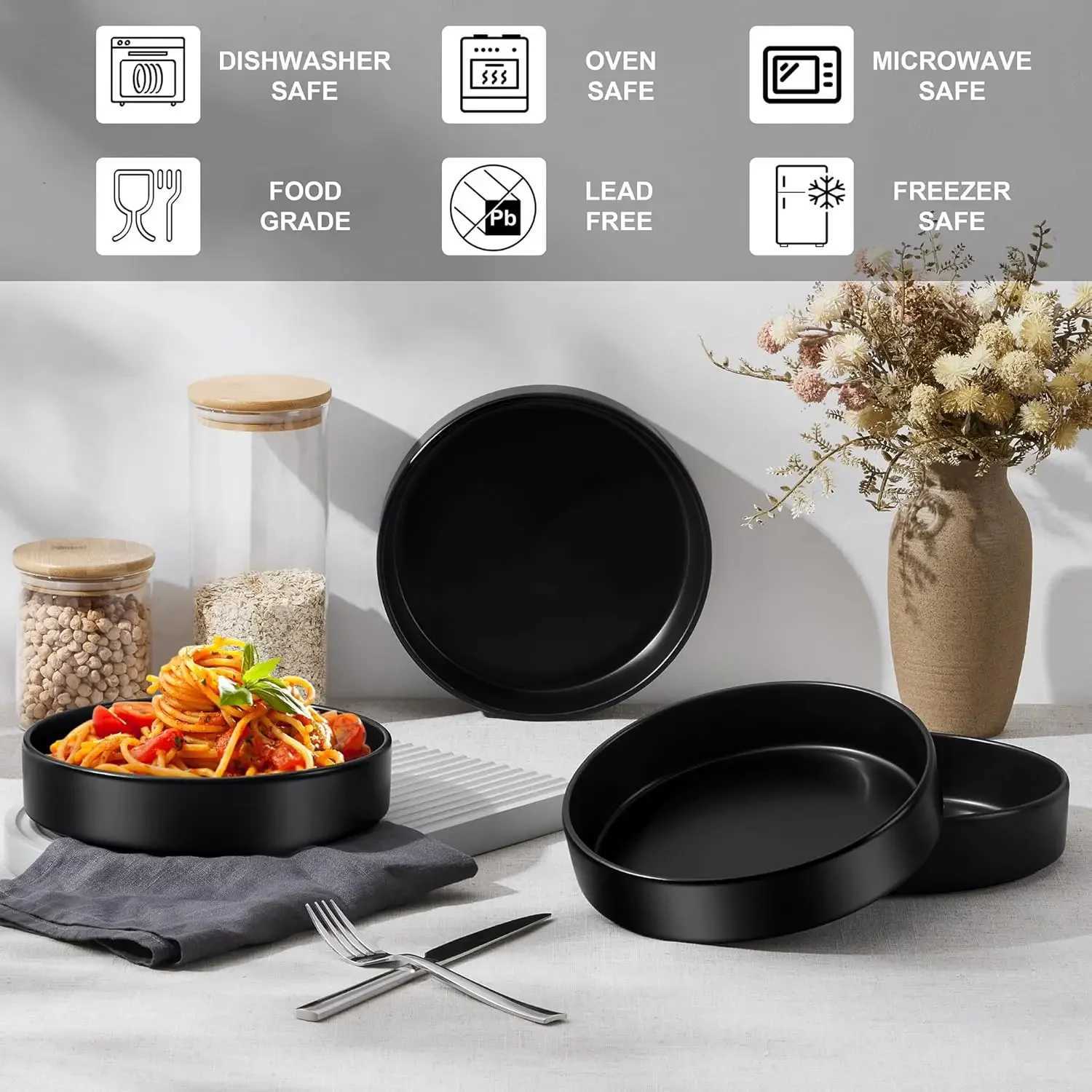 Pasta Bowls Set of 4 35oz Ceramic Serving Plates for Dinner Soup Salad Microwave Dishwasher Safe Matte Black Z260518
