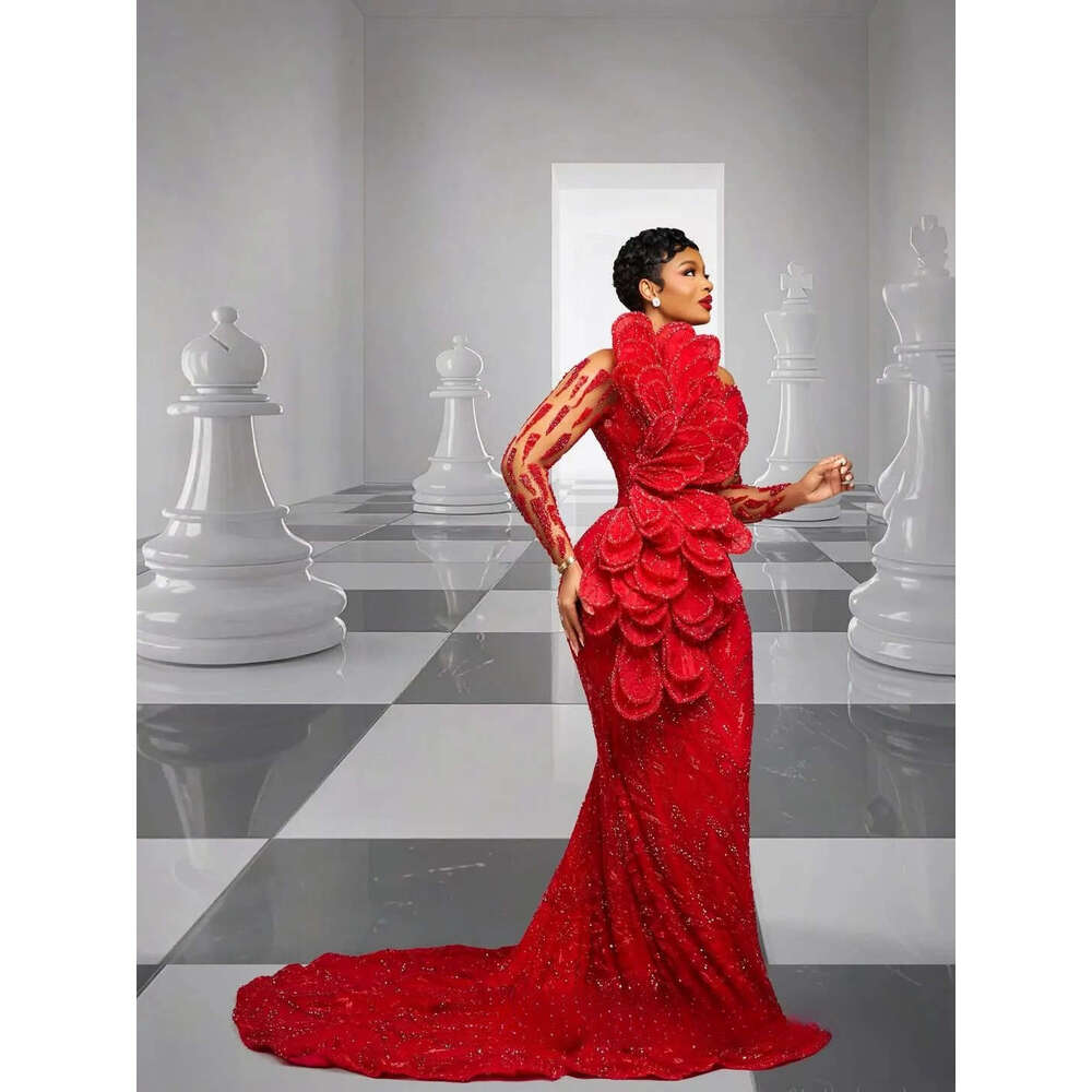 2026 Aso Ebi Red Prom Dress Mermaid Evening Dresses Formal Gowns For Black Women Sheer Neck Illusion Beaded Lace Crystals Flora Birthday Second Recept