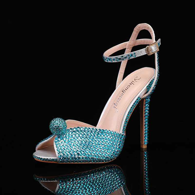 Womens Blue Crystal Embellished Stiletto Heel Fashion Gifts Sandals Peep Toe Ankle Strap Design For Wedding And Party Occasions - view 3