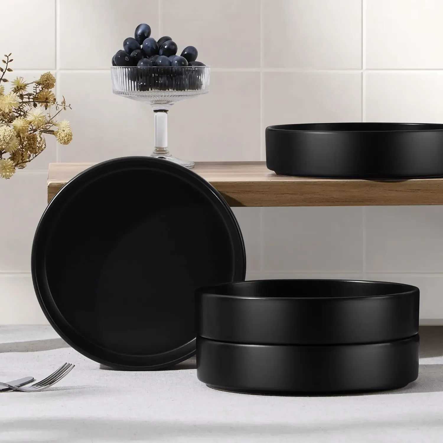 Pasta Bowls Set of 4 35oz Ceramic Serving Plates for Dinner Soup Salad Microwave Dishwasher Safe Matte Black Z260518