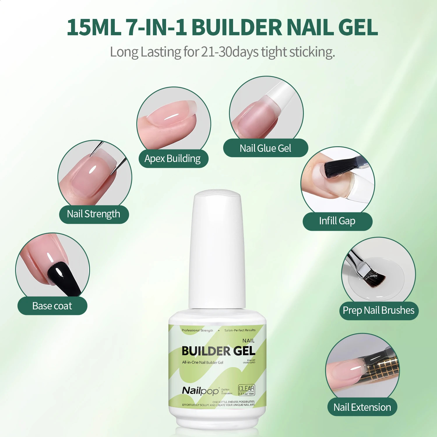 Nailpop Builder Nail Gel 4 Colors Base Coat Strengthener Thickening Extension Rhinestone Glue Gel Polish Brush in Bottle 15ml 260518