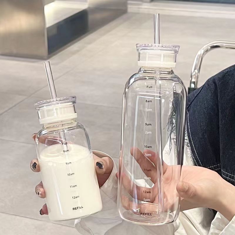 High Grade Straight Glass Water Cup Portable Heat Resistant Time Scale Straw Cup with Large Capacity