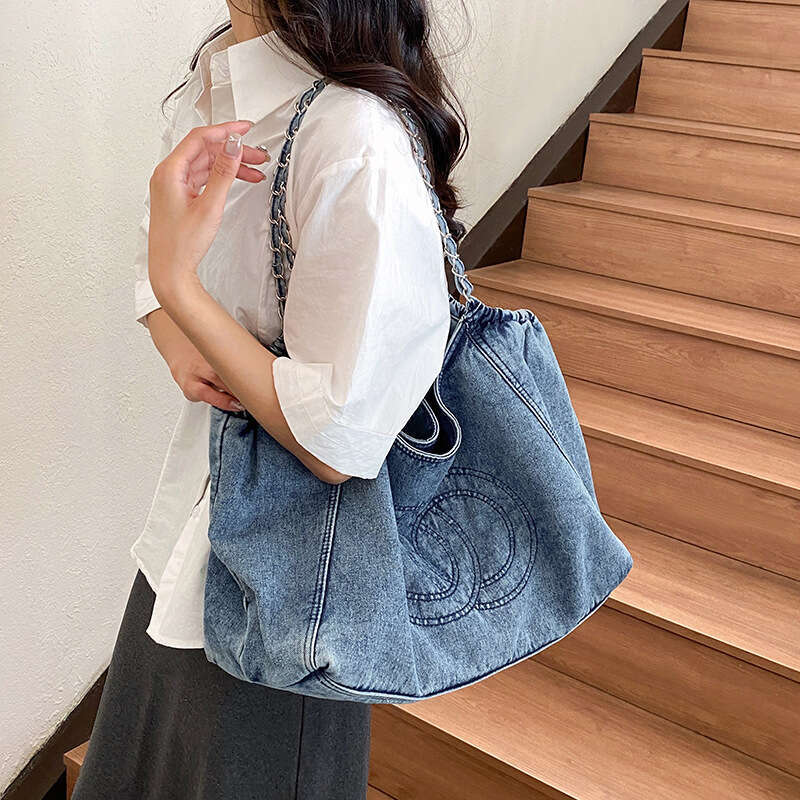 Style Denim Single Shoulder Canvas Simple Trendy Vintage Underarm Large Capacity Tote Bag for Women