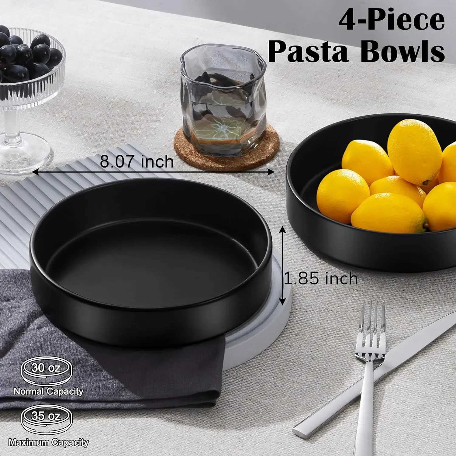 Pasta Bowls Set of 4 35oz Ceramic Serving Plates for Dinner Soup Salad Microwave Dishwasher Safe Matte Black Z260518