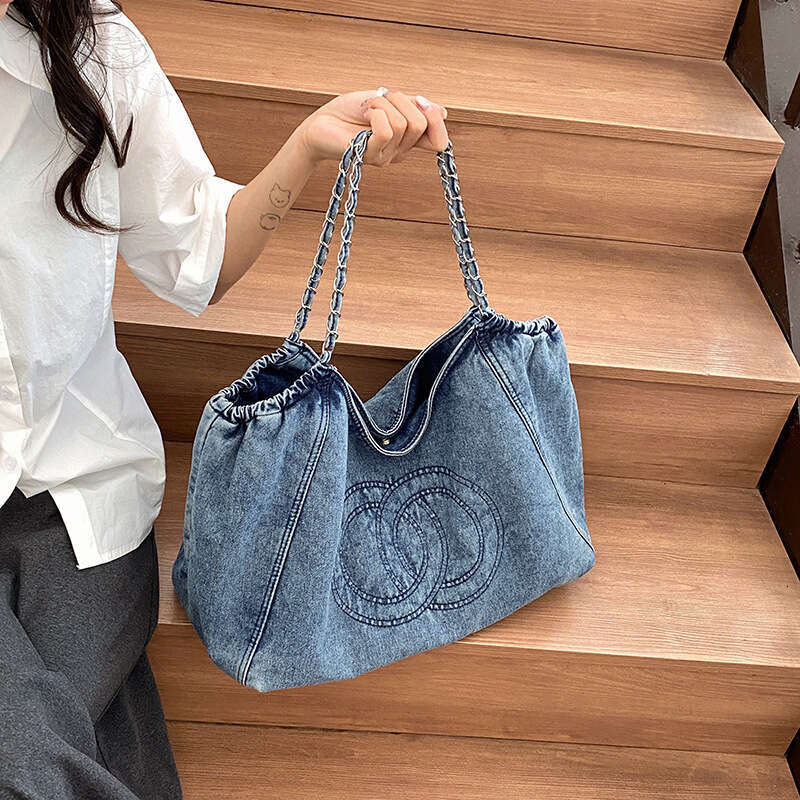 Style Denim Single Shoulder Canvas Simple Trendy Vintage Underarm Large Capacity Tote Bag for Women