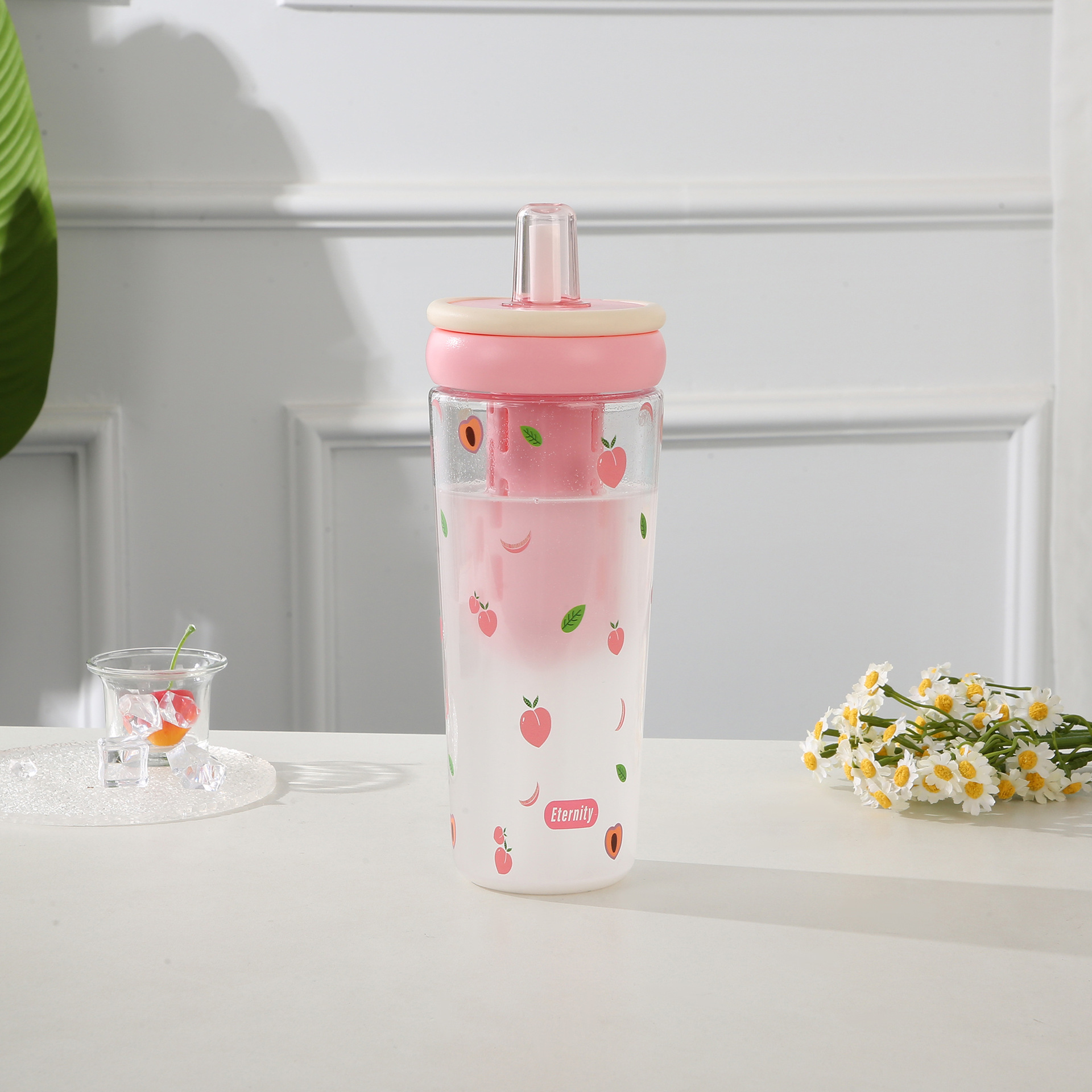 Summer Dopamine Large Capacity Plastic Cup, Portable Tea Separation Straw Water Bottle 1000ml