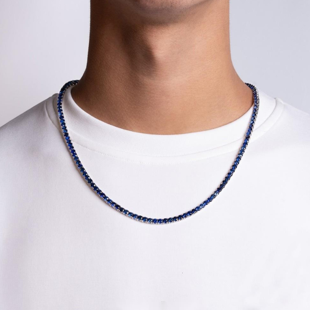 Yu Ying Blue Diamond Tennis Chain Fine Jewelry 3mm Wide S925 Silver Blue Corundum Women/mans Necklace Tennis Link Chain