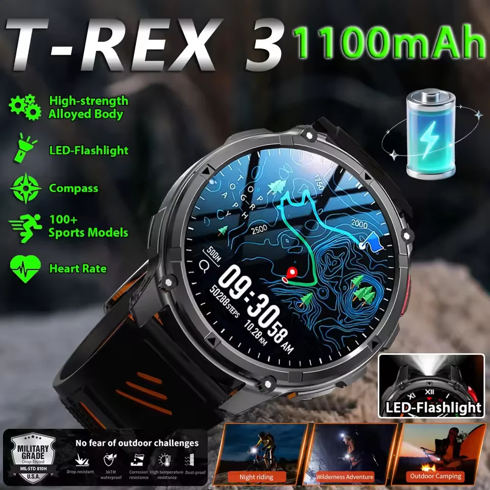 T-REX3 Ultra 1100mAh Battery SmartWatch TM Waterproof GPS Compass Flashlight 17 AMOLED HD Call Sports Smart Watch Men 260518