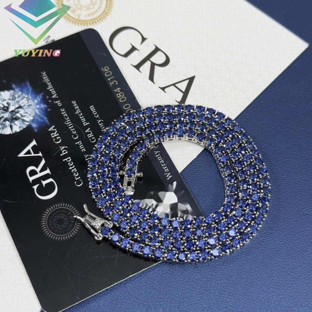 Yu Ying Blue Diamond Tennis Chain Fine Jewelry 3mm Wide S925 Silver Blue Corundum Women/mans Necklace Tennis Link Chain