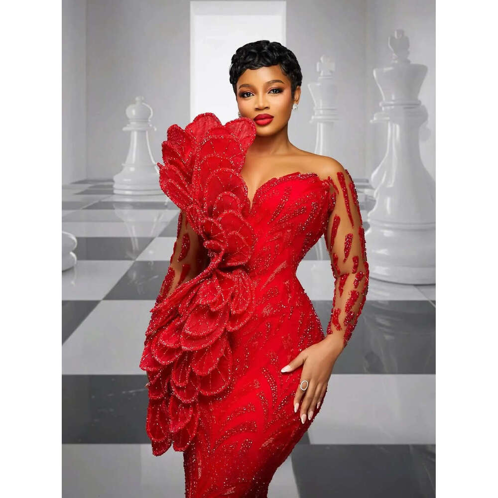 2026 Aso Ebi Red Prom Dress Mermaid Evening Dresses Formal Gowns For Black Women Sheer Neck Illusion Beaded Lace Crystals Flora Birthday Second Recept