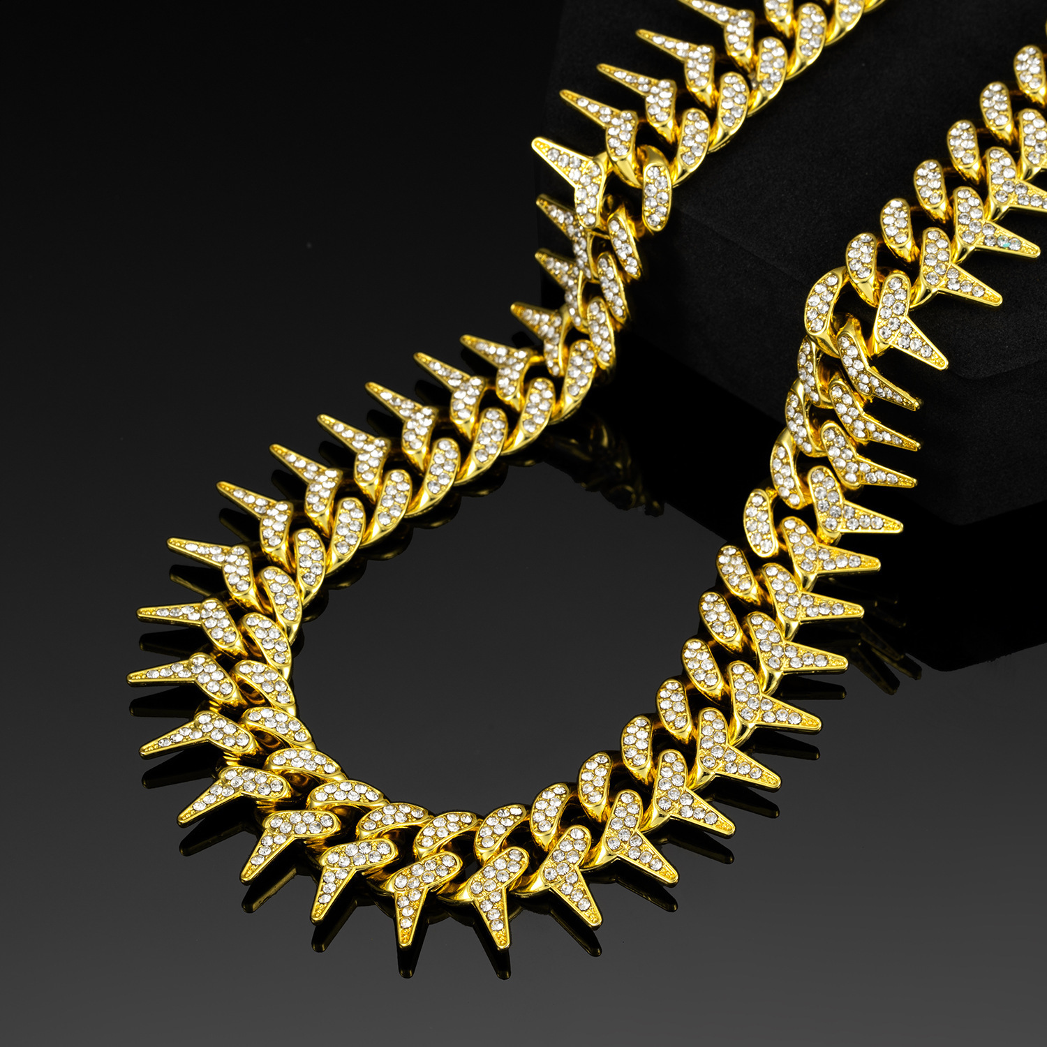 13mm Bling Diamond Chain Dog Cat Collar with Spiked Rivet Gold Cuban Link Dog Collar for Small Medium Large Dogs 251104
