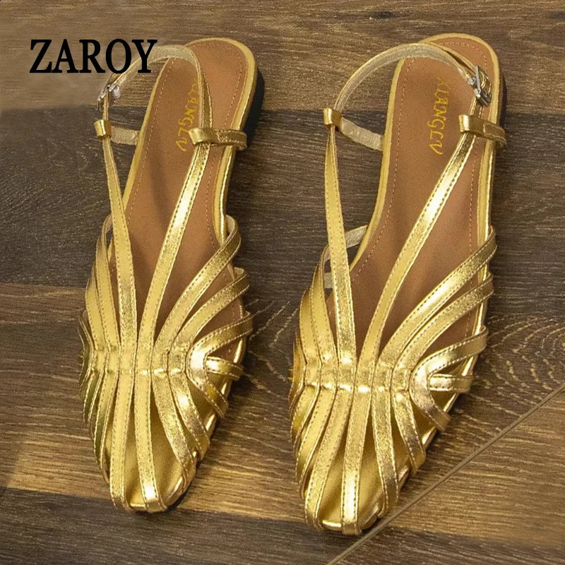 ZAROY Narrow Band Women Flat Sandals Large Size Banquet Wedding Shoes Summer Hollow Beach Gladiator Sandalias 260511