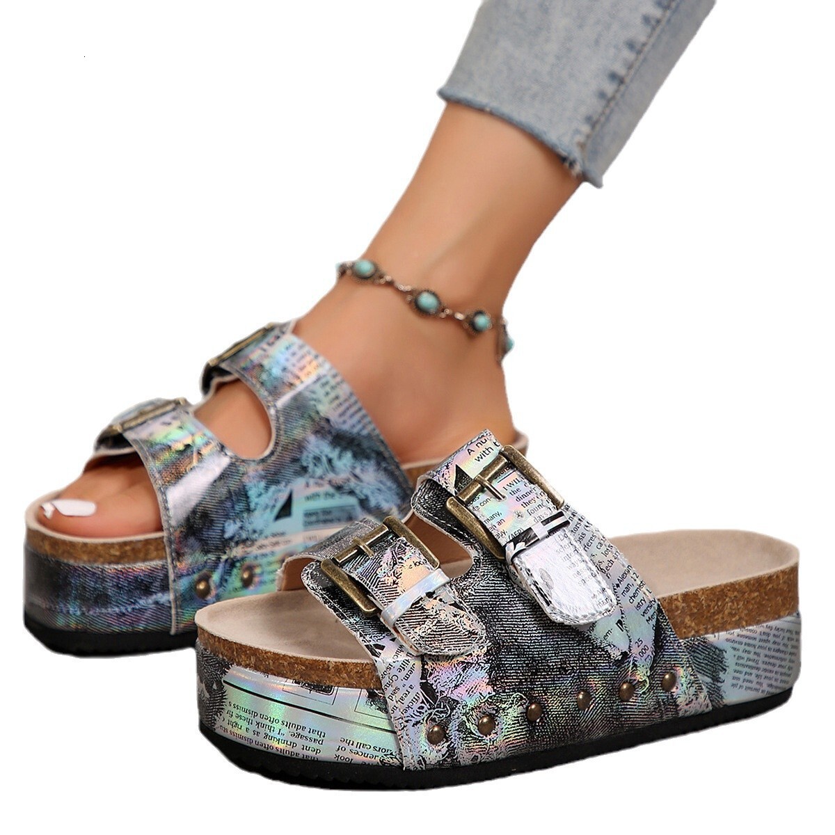 Womens Black Suede Platform Slide Sandals Double Buckle Design For Summer Daily Wear And Fashion Gifts Casual Outings - view 6