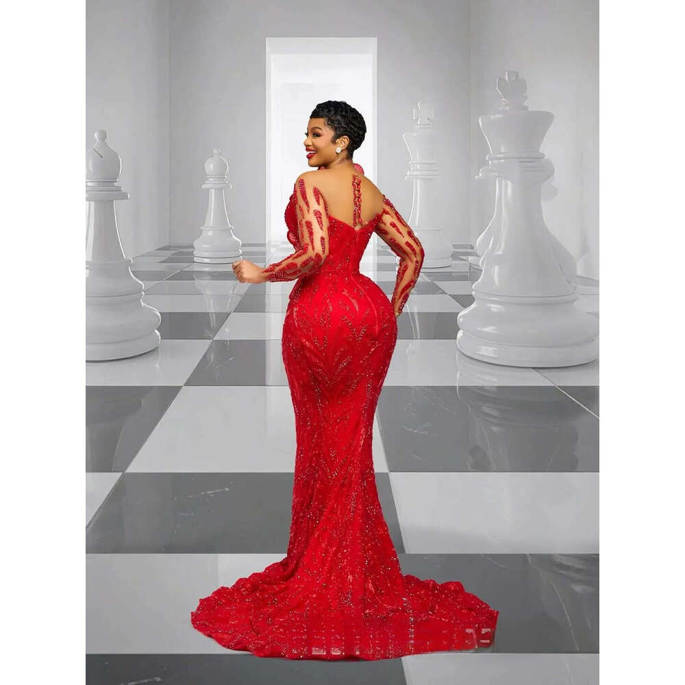 2026 Aso Ebi Red Prom Dress Mermaid Evening Dresses Formal Gowns For Black Women Sheer Neck Illusion Beaded Lace Crystals Flora Birthday Second Recept