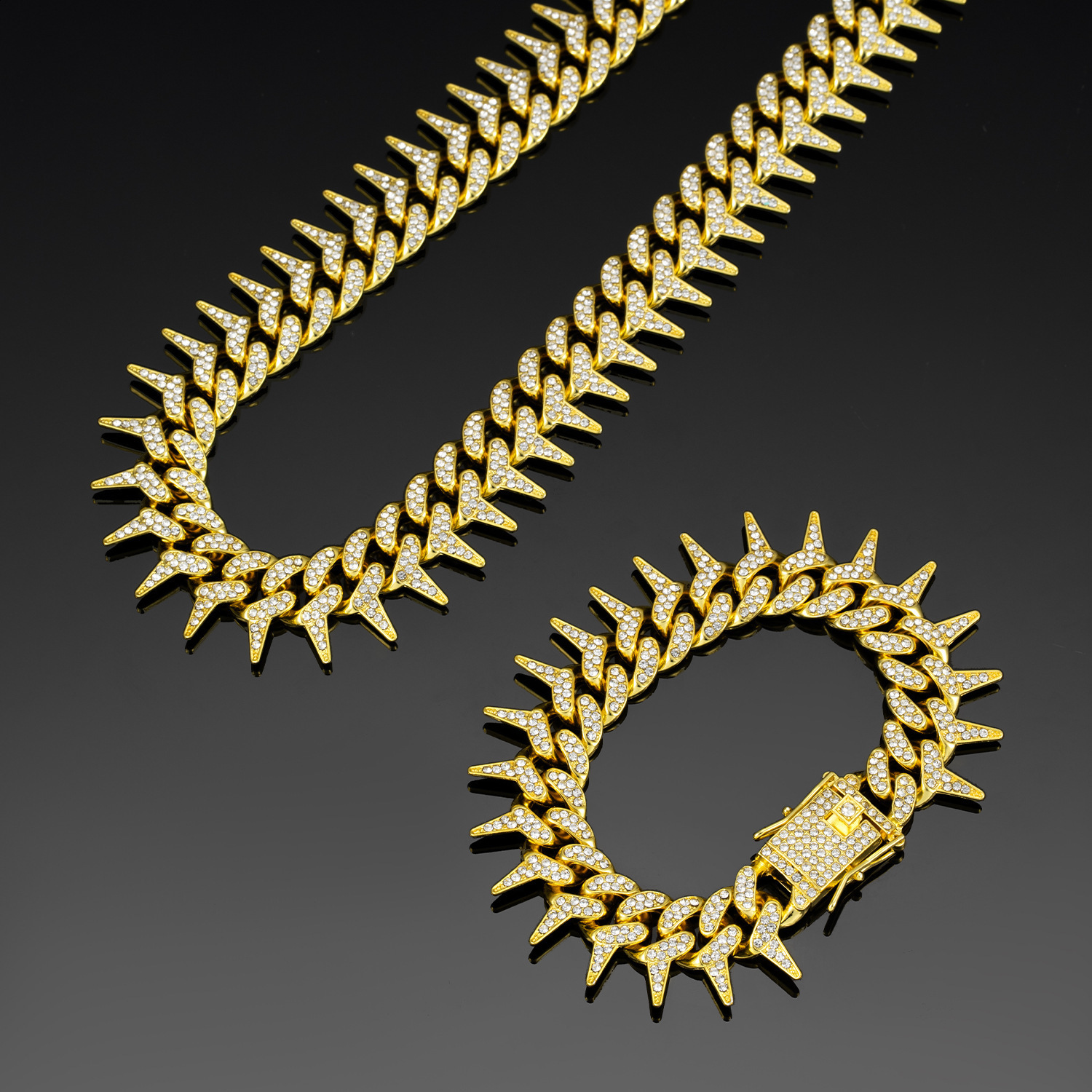 13mm Bling Diamond Chain Dog Cat Collar with Spiked Rivet Gold Cuban Link Dog Collar for Small Medium Large Dogs 251104