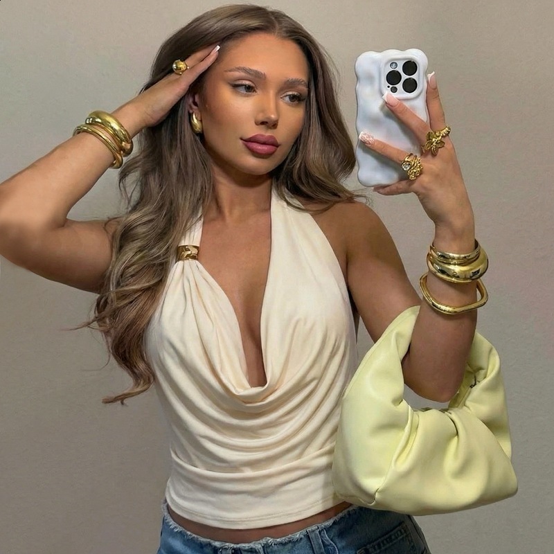 Puloru Sleeveless Cowl Neck Halter Vests Womens Summer Backless Tie-up Cropped Tank Tops Solid Basic Going Out Top Streetwear 260407