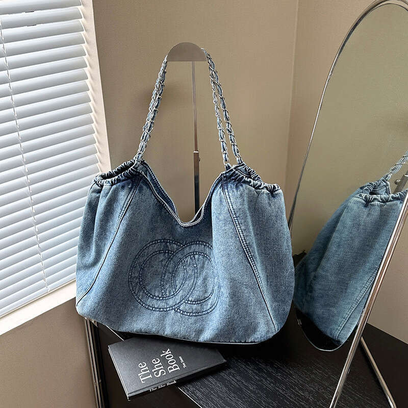 Style Denim Single Shoulder Canvas Simple Trendy Vintage Underarm Large Capacity Tote Bag for Women