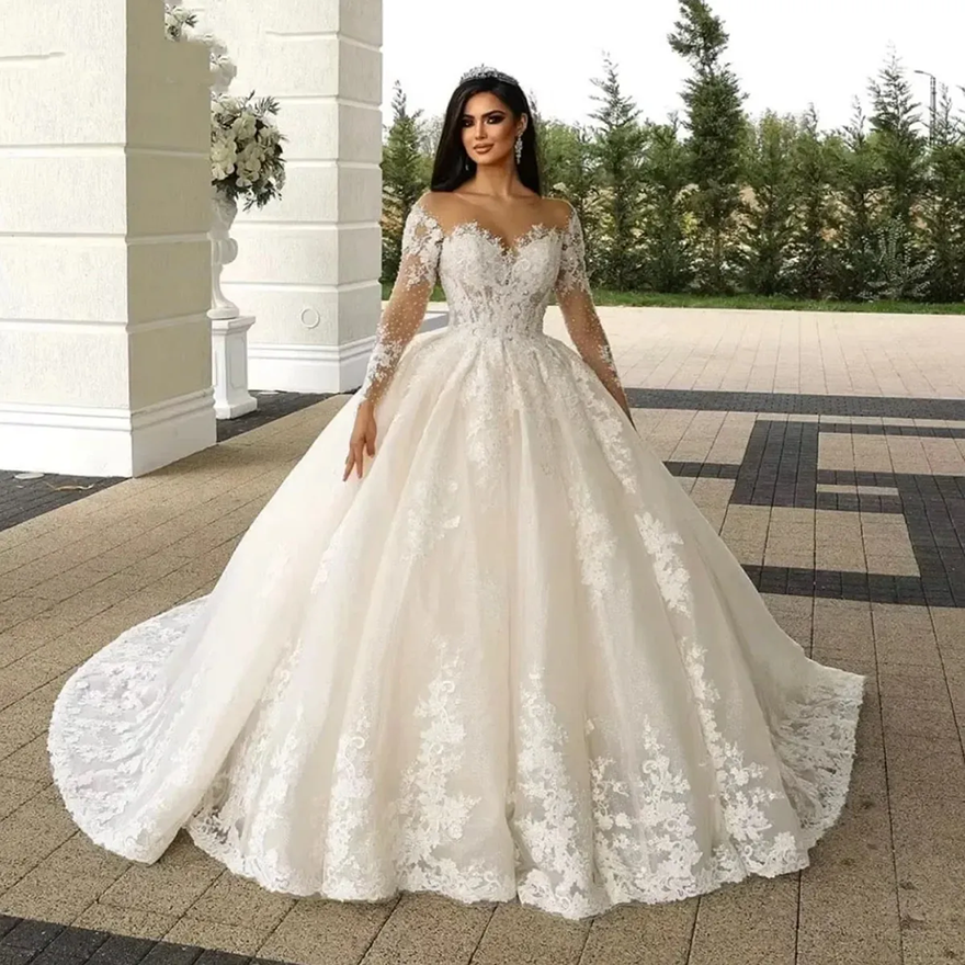 Luxury Illusion Neck Church Wedding Dresses Long Sleeve Robe Lace Beading Brides Dress Ball Gown Women Vestidos de Novia Customized EG912