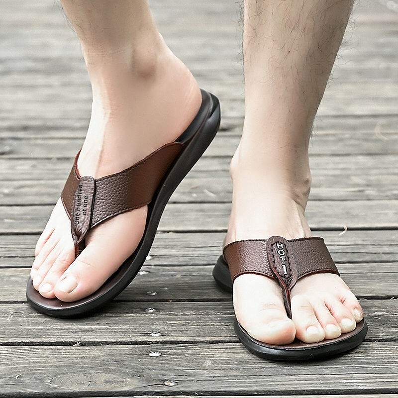 Mens Brown Leather Flip Flops Thong Fashion Gifts Design Durable Construction For Daily Wear And Beach Activities - view 3
