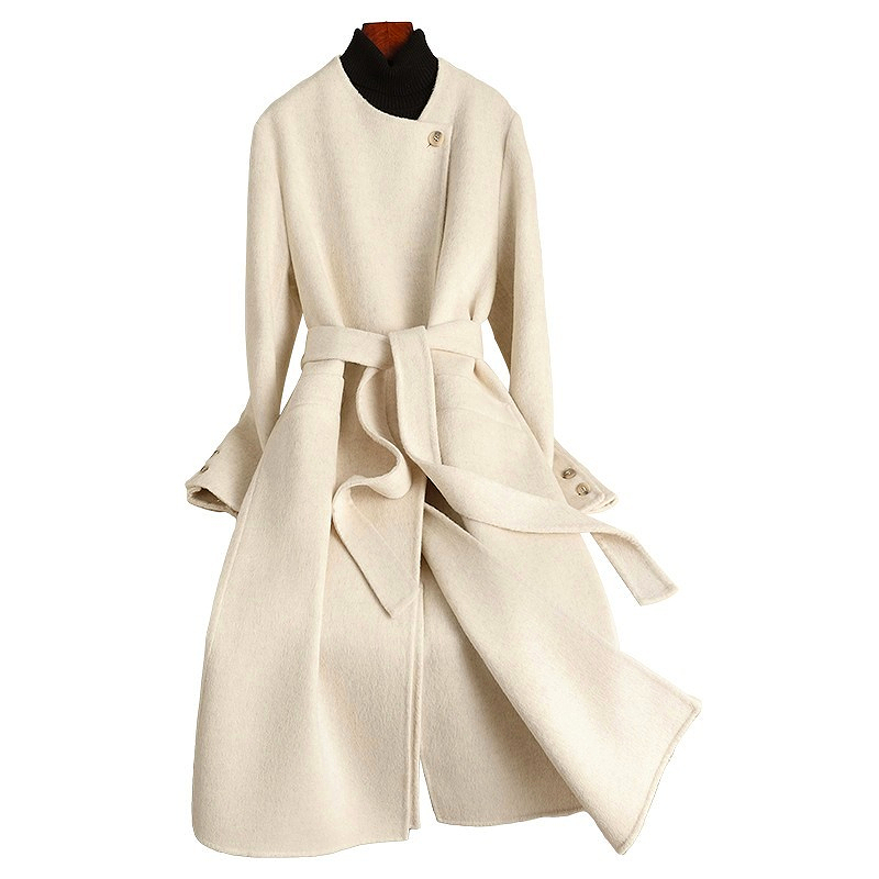 D3936 New autumn and winter double-faced wool coat, extended style, over-knee lace-up, slim fit, high-end feel