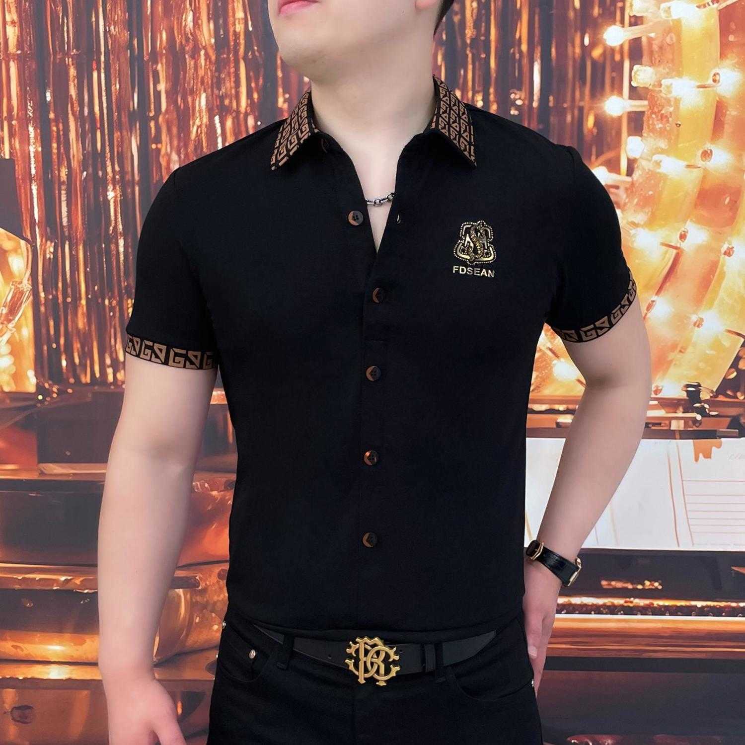 Mens Fashion Casual Summer Short Sleeve Trendy Slim Fit Turn-Down Collar Light Luxury Versatile Thin Elastic Stylish Business Plaid