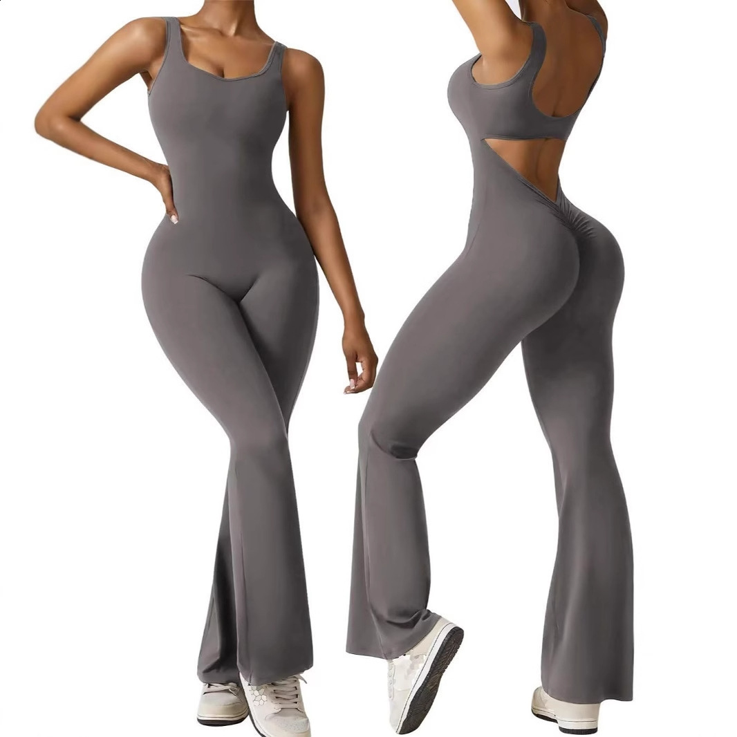 Yoga Bodysuit Womens Tracksuit Sportswear Gym Workout Set Jumpsuit Push Up Flared Pants Dance Fitness Sports Bodysuit 240719