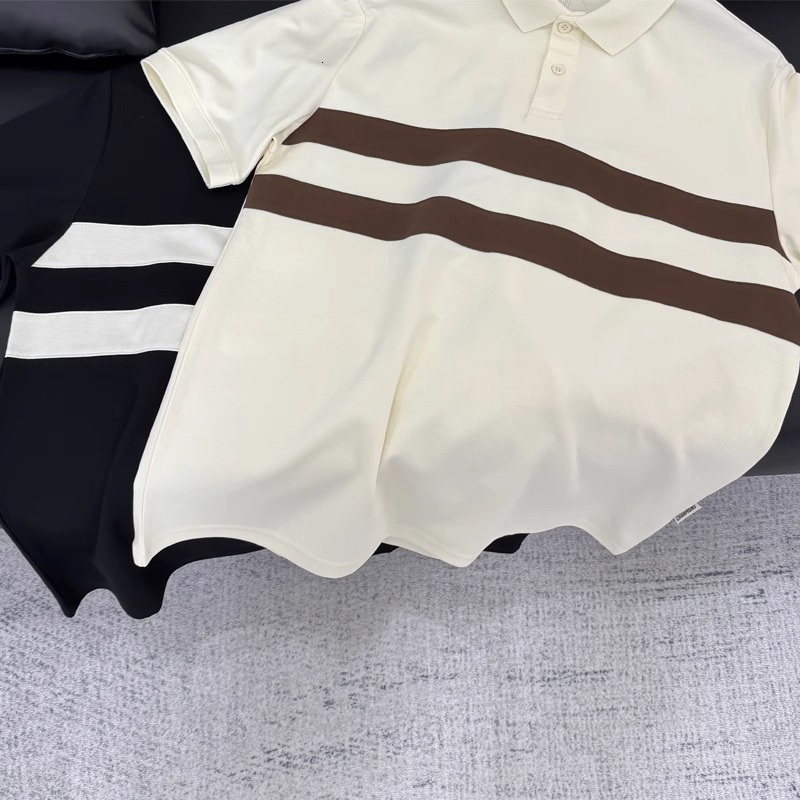 Luxury Brand Designer Men Black White Color Block Double Stripe Cotton Pique Slim Fit Short Sleeve Polo Shirt 2026 Summer Business Casual Versatile Da