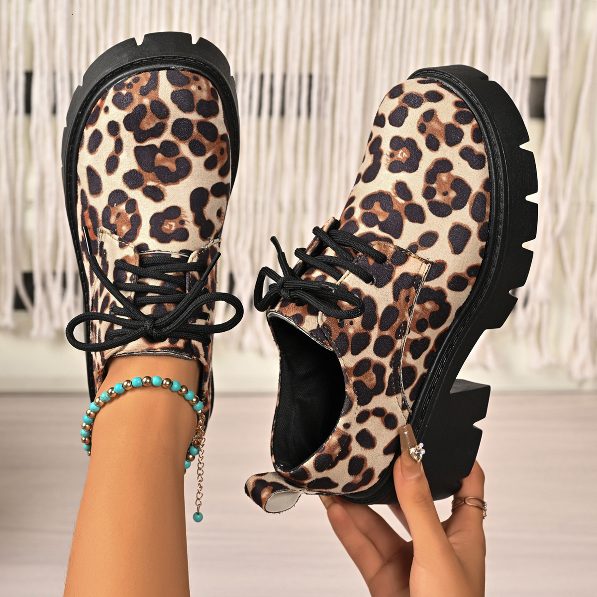 Womens Casual Platform Oxford Shoes Lace Up Closure Durable Material Leopard Print Colorway For All Seasons