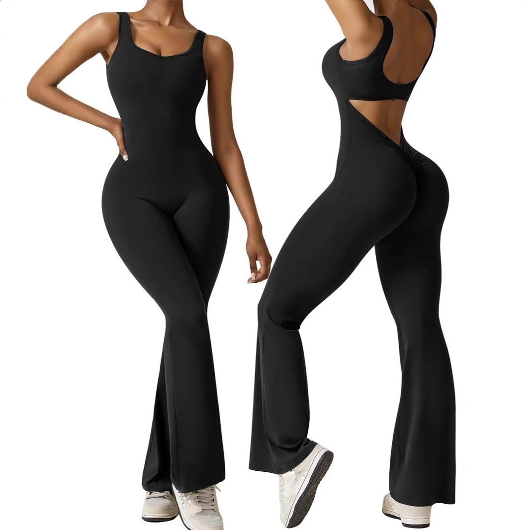 Yoga Bodysuit Womens Tracksuit Sportswear Gym Workout Set Jumpsuit Push Up Flared Pants Dance Fitness Sports Bodysuit 240719