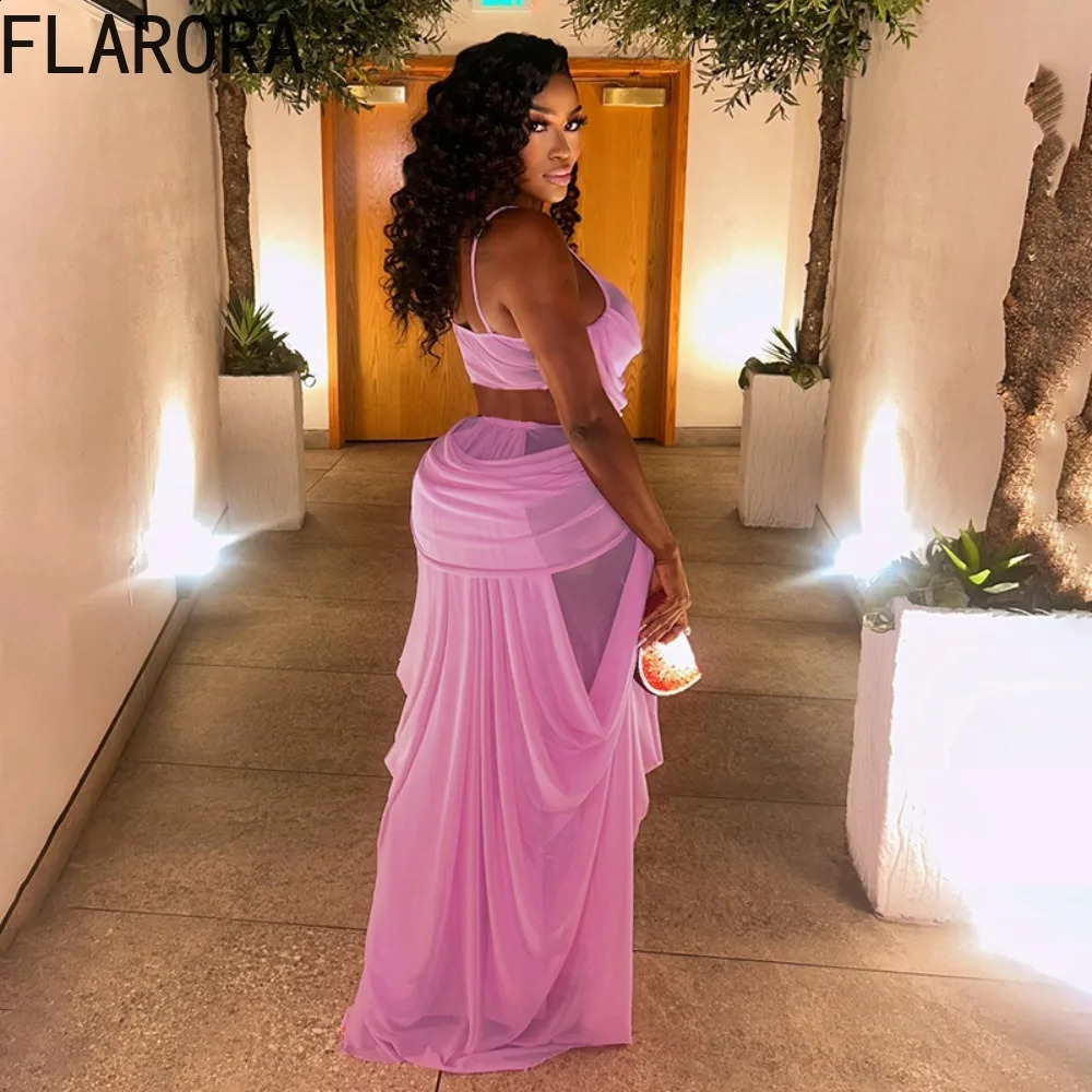 FLARORA Elegant Ruched 2 Piece Sets Woman LowNeck Backless Camisole TopsElastic Waist Long Skirts Midnight Prom Party Outfits 260625 - view 5