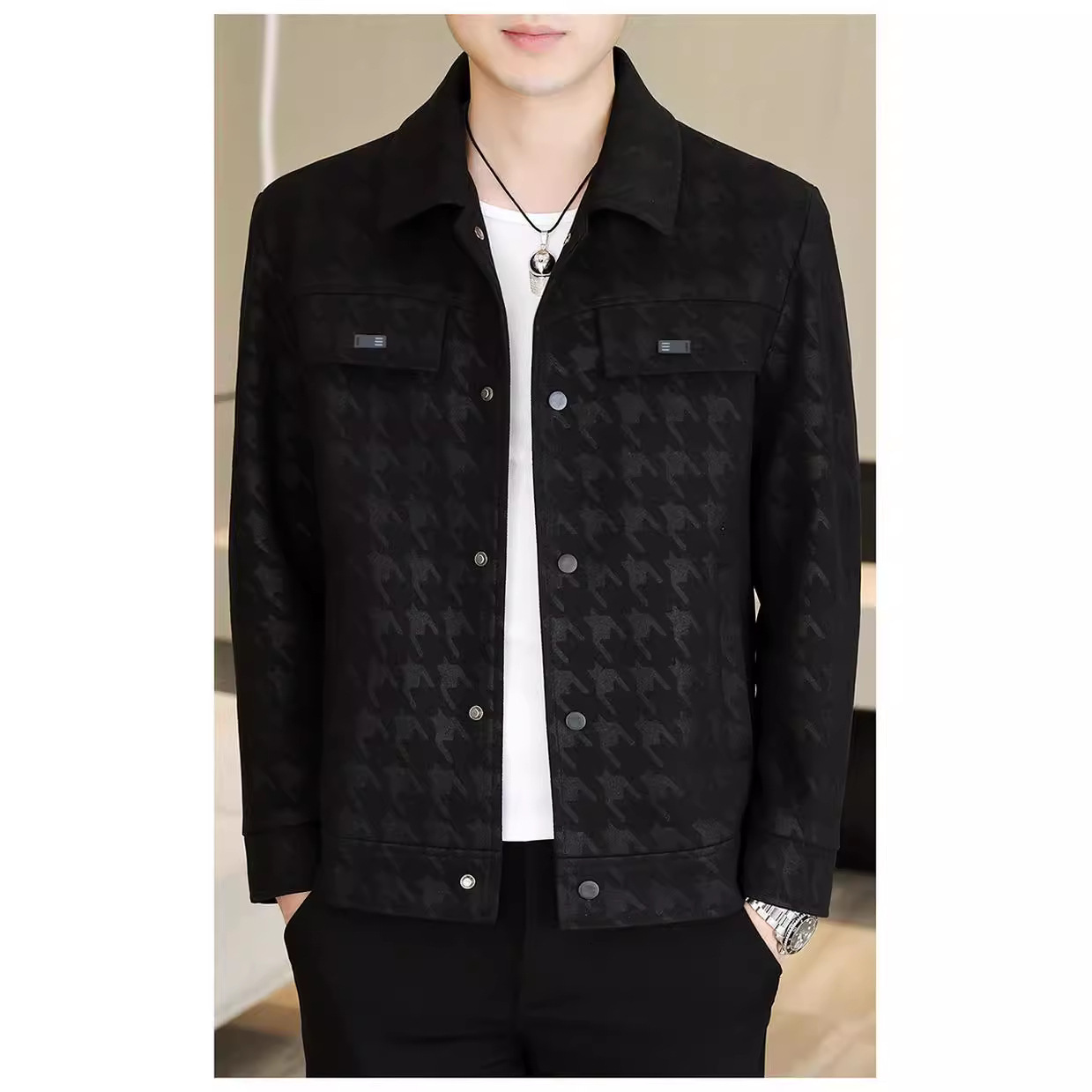Luxury Brand Designer Mens Black Houndstooth Jacquard Faux Leather Point Collar Cropped Jacket 2026 Spring Autumn Casual Business Versatile Daily Wear