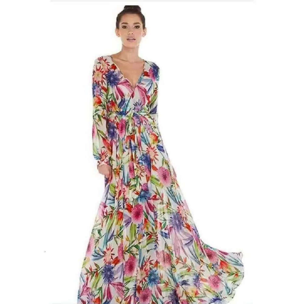2026 Spring/Summer Amazon New European Women's Dress Lantern Sleeve Printed Sexy V-Neck Leaf Pattern Flared Skirt dh4345018